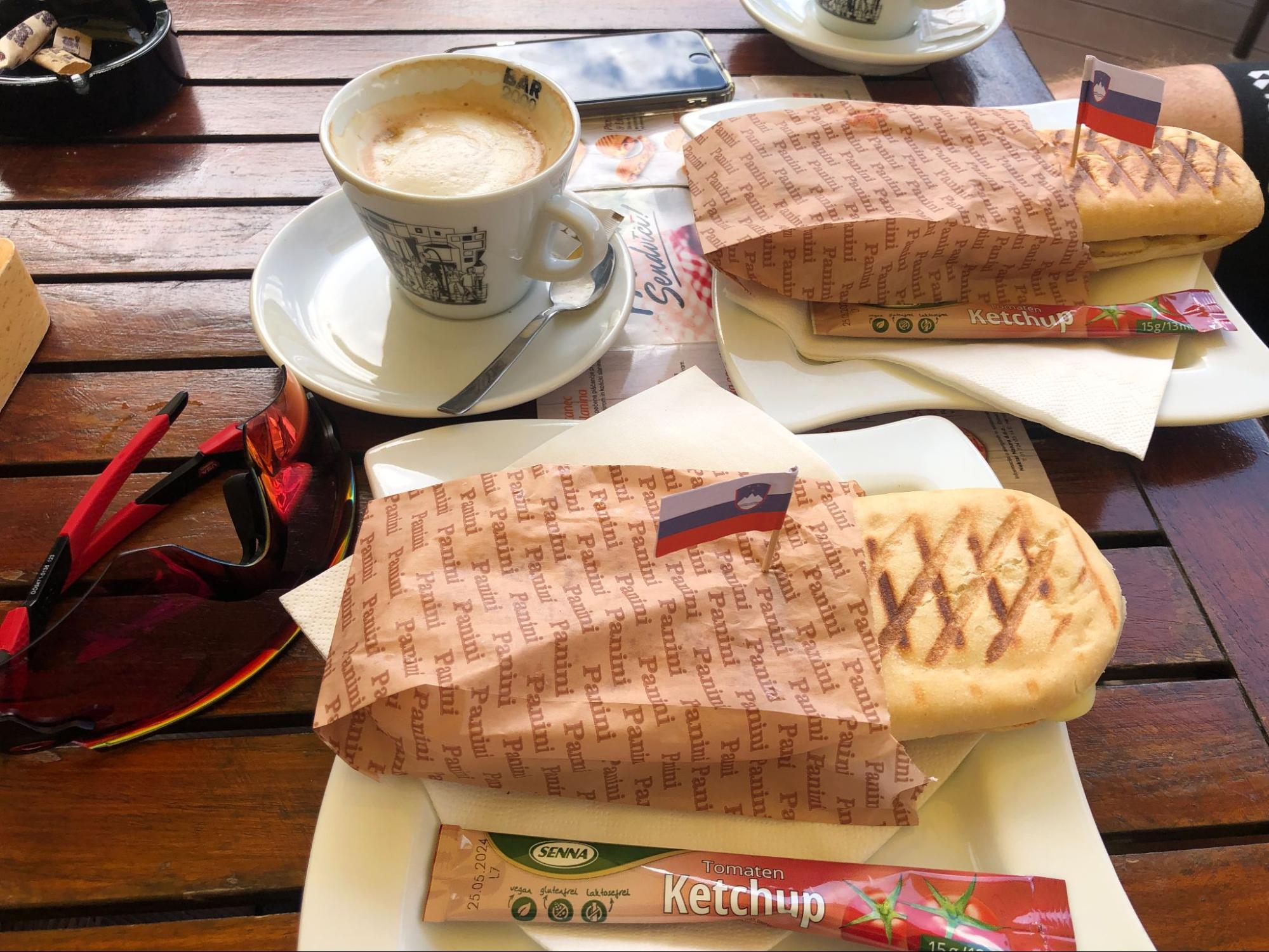 Long climbing days improve once a good coffee and sandwiches appear.