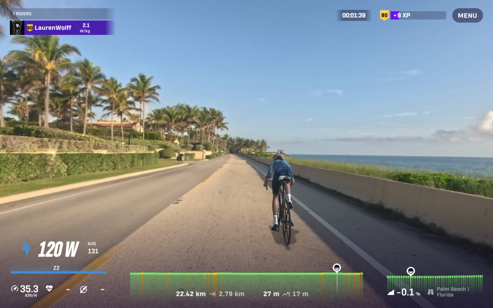 ROUVY avatar riding the Palm Beach coastal route in Florida