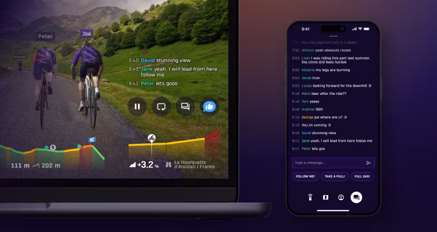 ROUVY In-Ride Chat showing live messages between riders during a session