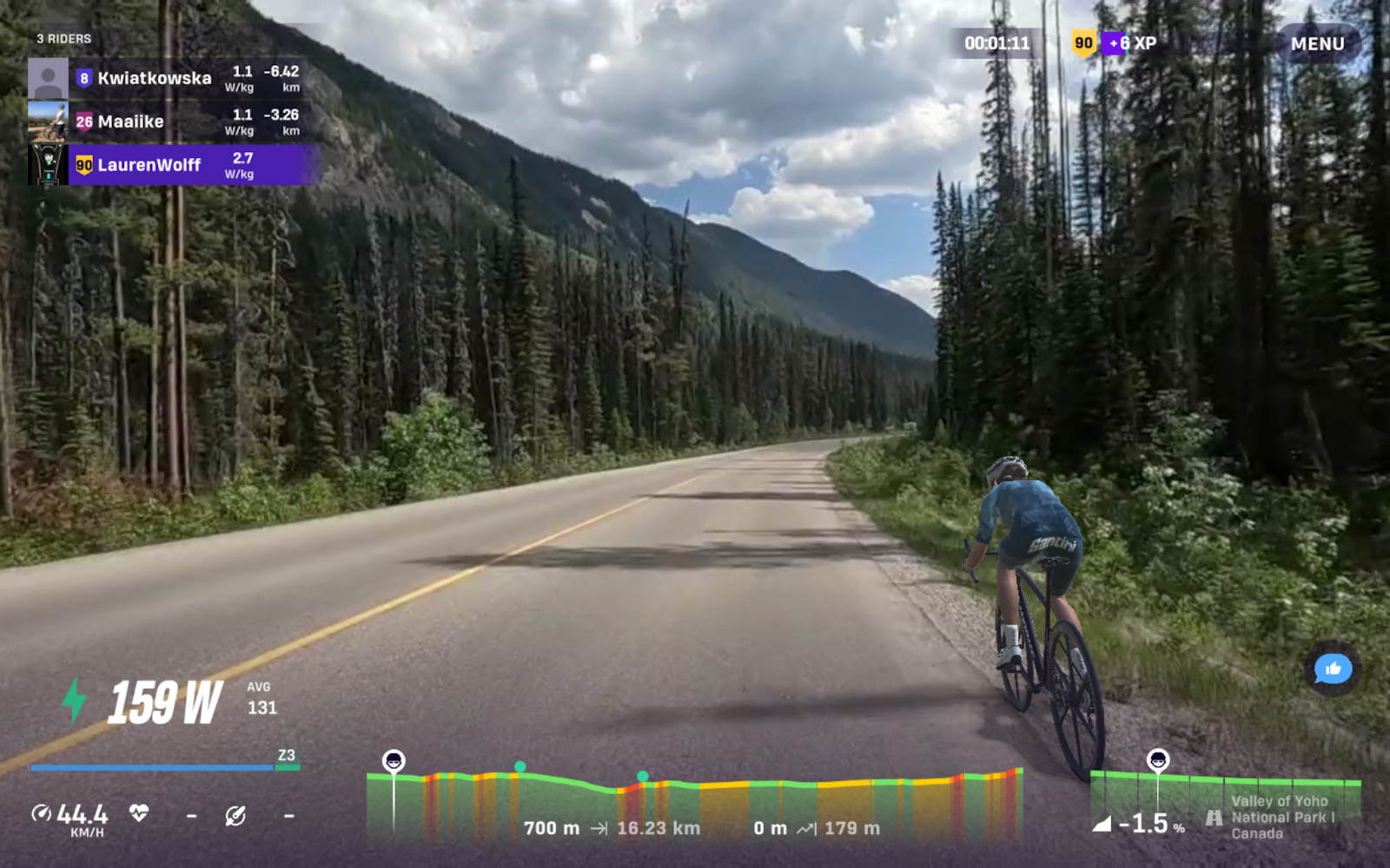 ROUVY avatar riding through Yoho National Park in the Canadian Rockies