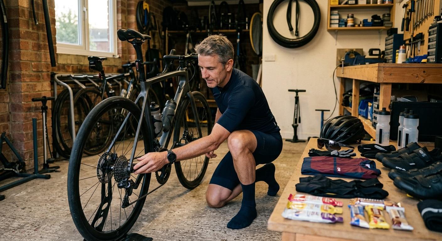 Cyclist checking bike, kit and nutrition during taper week before a race or gran fondo