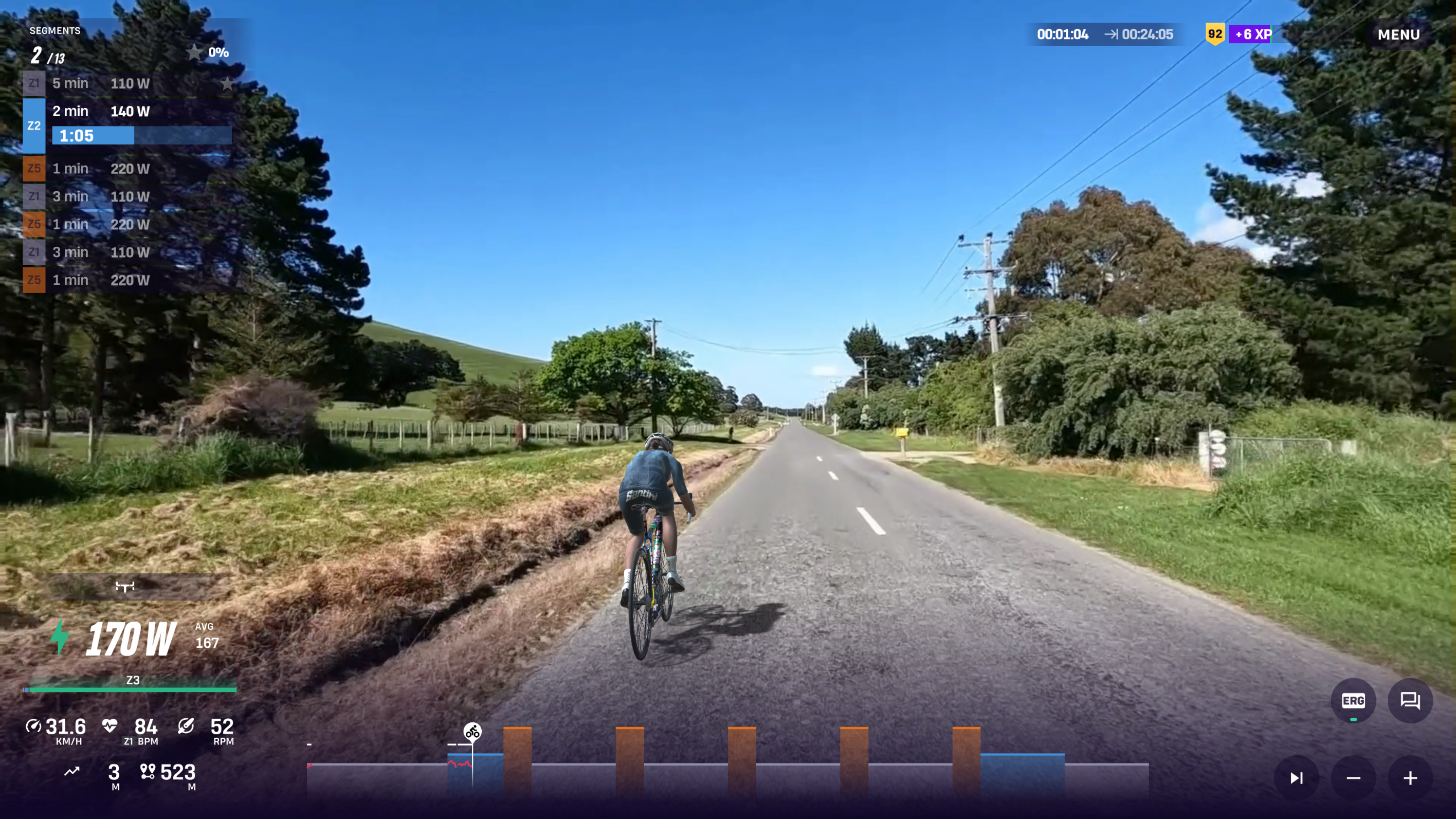 Cyclist riding a short structured workout under 30 minutes on ROUVY