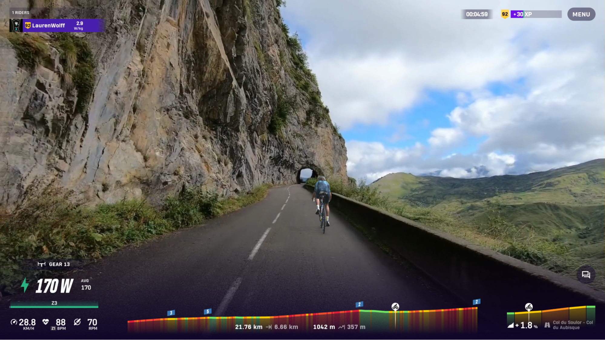 ROUVY app screen showing a climb route with power and gradient data