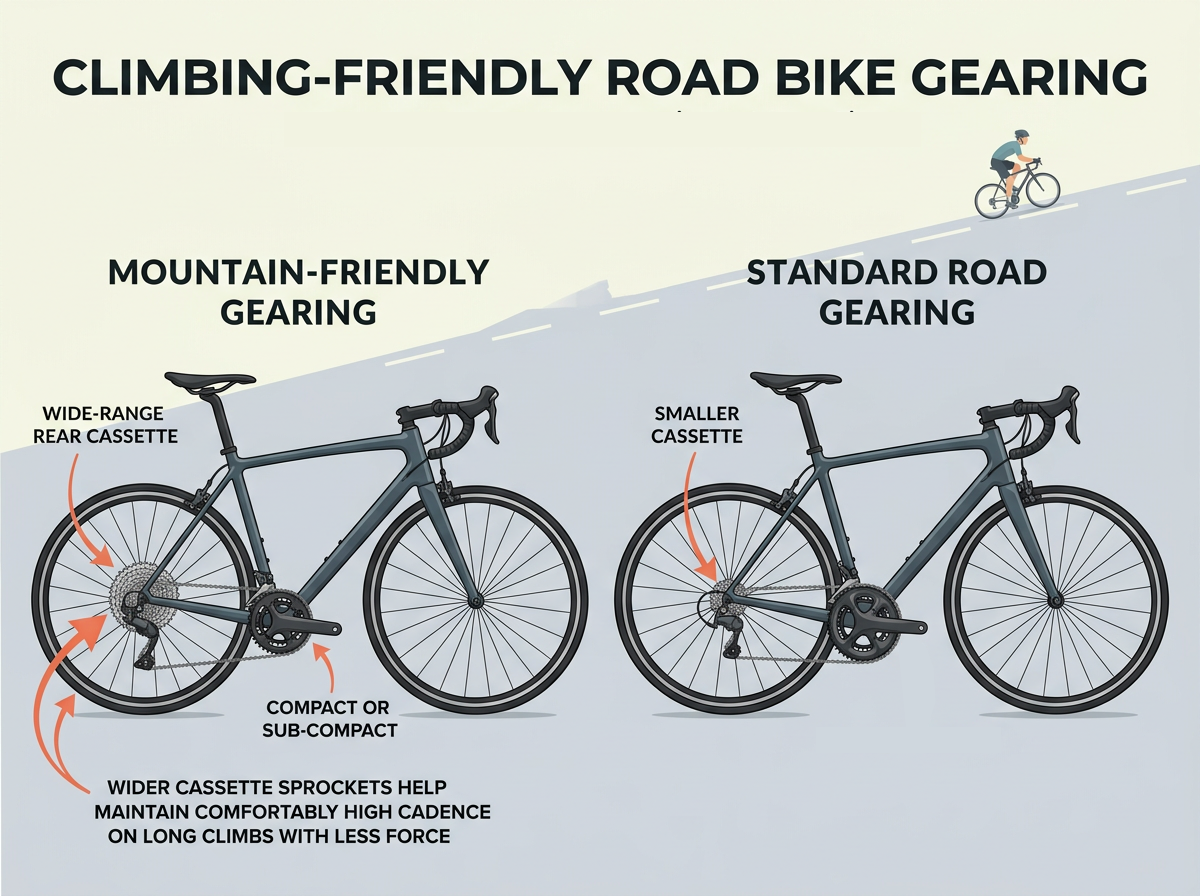 Diagram comparing climbing-friendly and standard road bike gearing