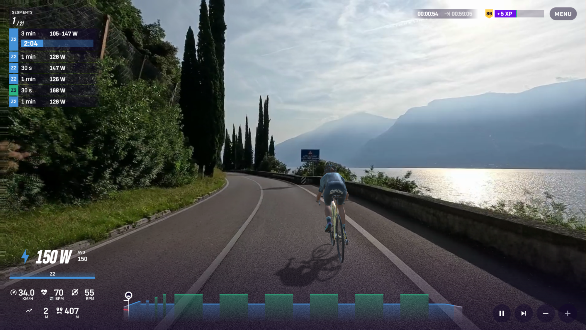 A tempo workout with Z2 recoveries on ROUVY