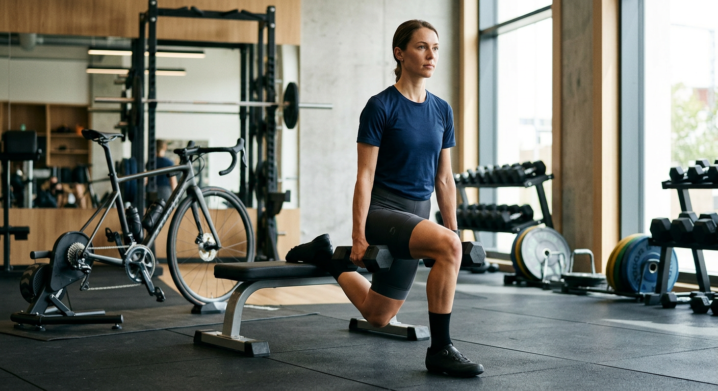 Cyclist performing a lunge with dumbbells in a gym