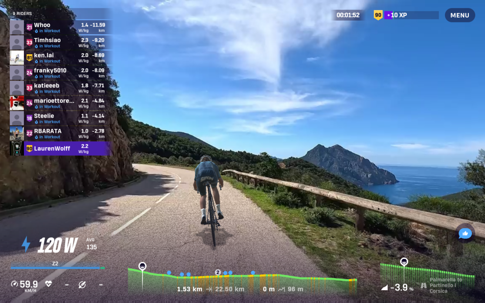 Climbing the coastal road between Palmarella and Partinello on ROUVY.