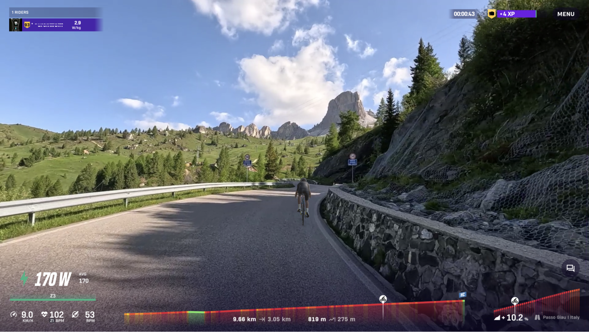 Riding a mountain climb on ROUVY indoors to practise pacing and gearing for a cycling event