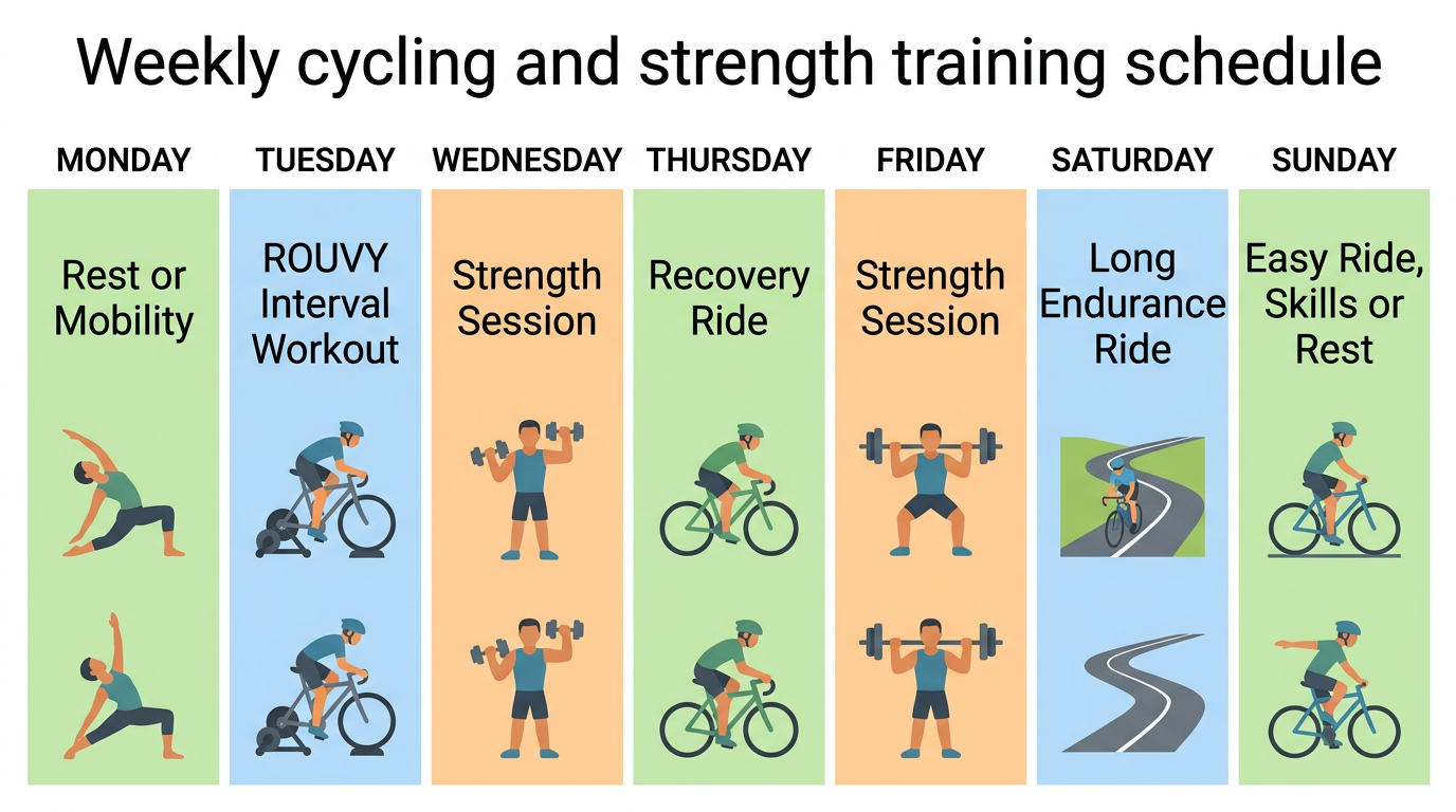 Weekly cycling and weight lifting training plan infographic