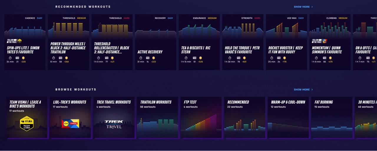 ROUVY workout library showing indoor cycling workouts by duration and training goal